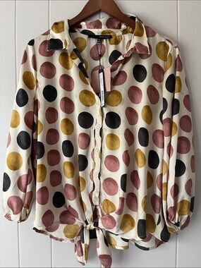 River Island Cream Button-Down Shirt with Pink, Mustard & Black Polka Dots